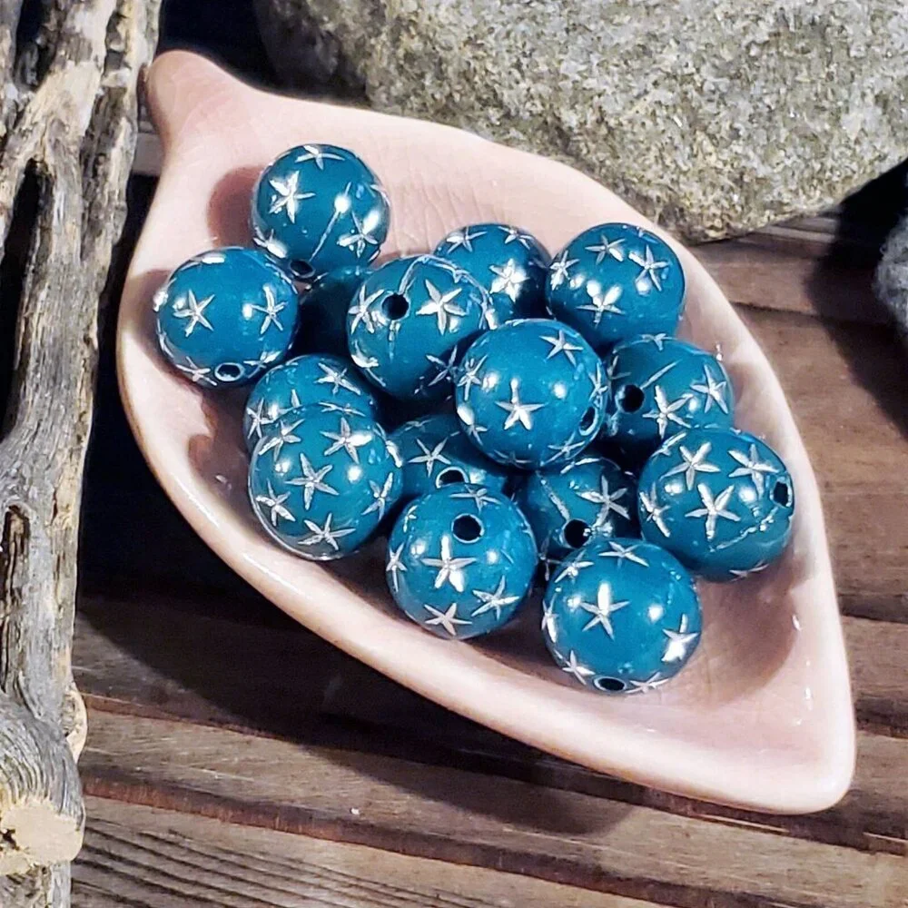 Vintage Retro Teal Green Silver Stars 12mm Round Acrylic Shabby Beads 10 pcs